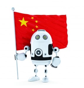 Android Robot standing with flag of China. Isolated over white