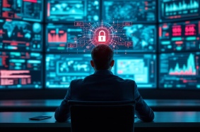 Responsable cybersécurité analysant un mur d’écrans avec alertes et cadenas holographique en réseau sécurisé