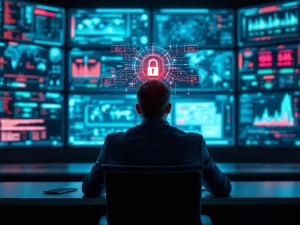 Responsable cybersécurité analysant un mur d’écrans avec alertes et cadenas holographique en réseau sécurisé