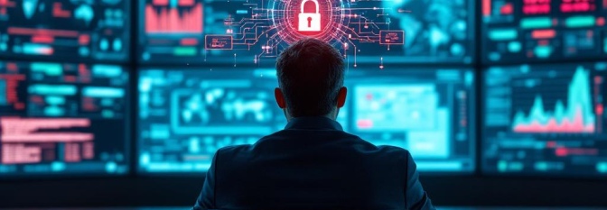 Responsable cybersécurité analysant un mur d’écrans avec alertes et cadenas holographique en réseau sécurisé