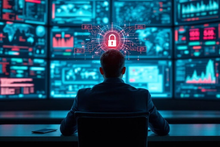 Responsable cybersécurité analysant un mur d’écrans avec alertes et cadenas holographique en réseau sécurisé