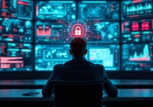 Responsable cybersécurité analysant un mur d’écrans avec alertes et cadenas holographique en réseau sécurisé